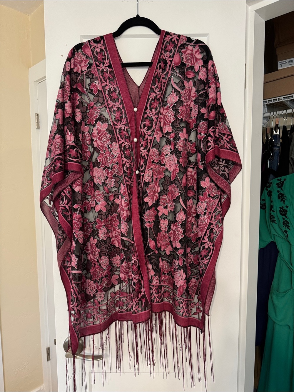Boho Sheer Burnout Floral Poncho Cape Wrap Metallic Fringe One Size